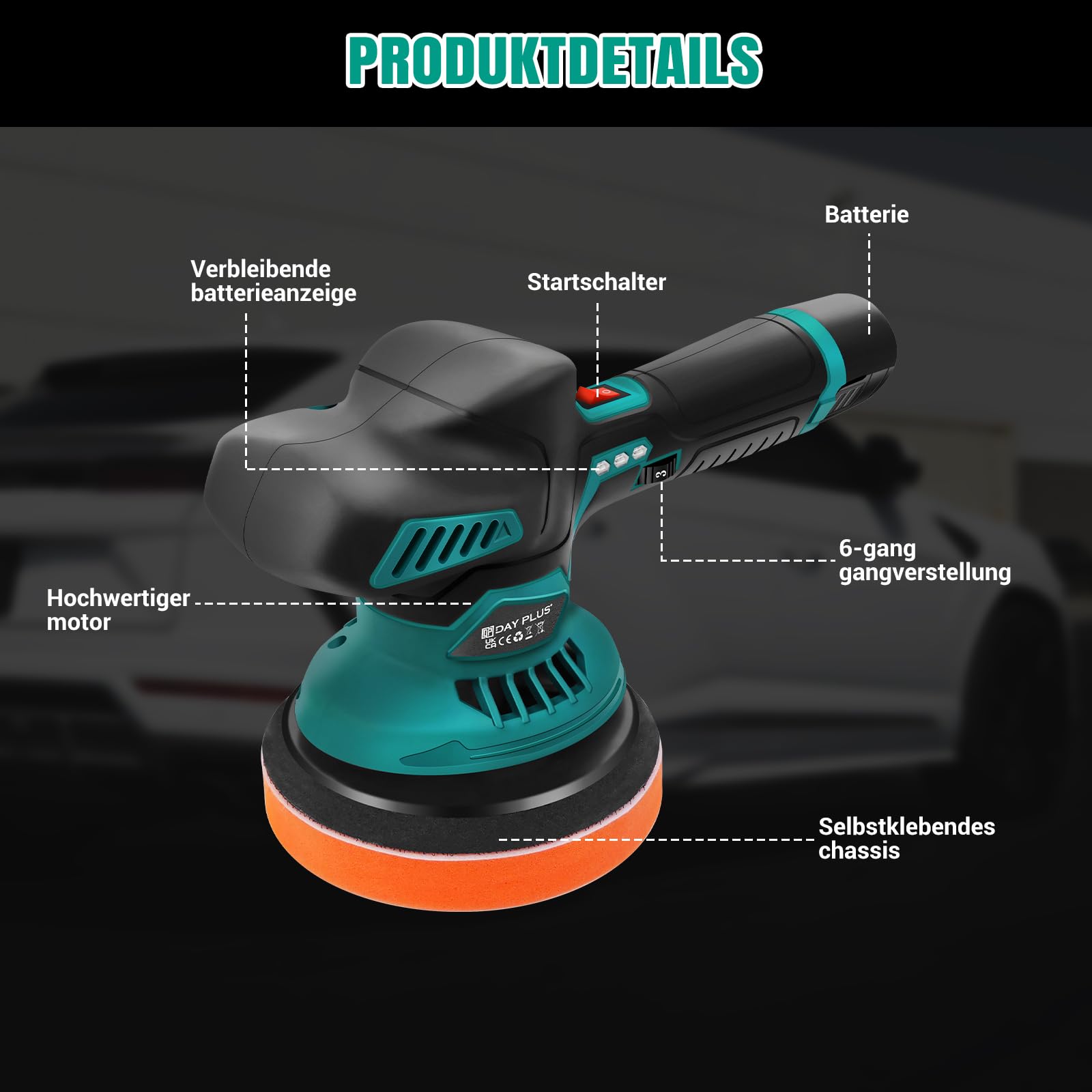 Akku Poliermaschine, Auto Poliermaschine Set 22pcs, Exzenter Poliermaschine mit 2pcs Batterie, Akku Wachsmaschine für Autodetailing, Autoreinigung und Polieren von Auto
