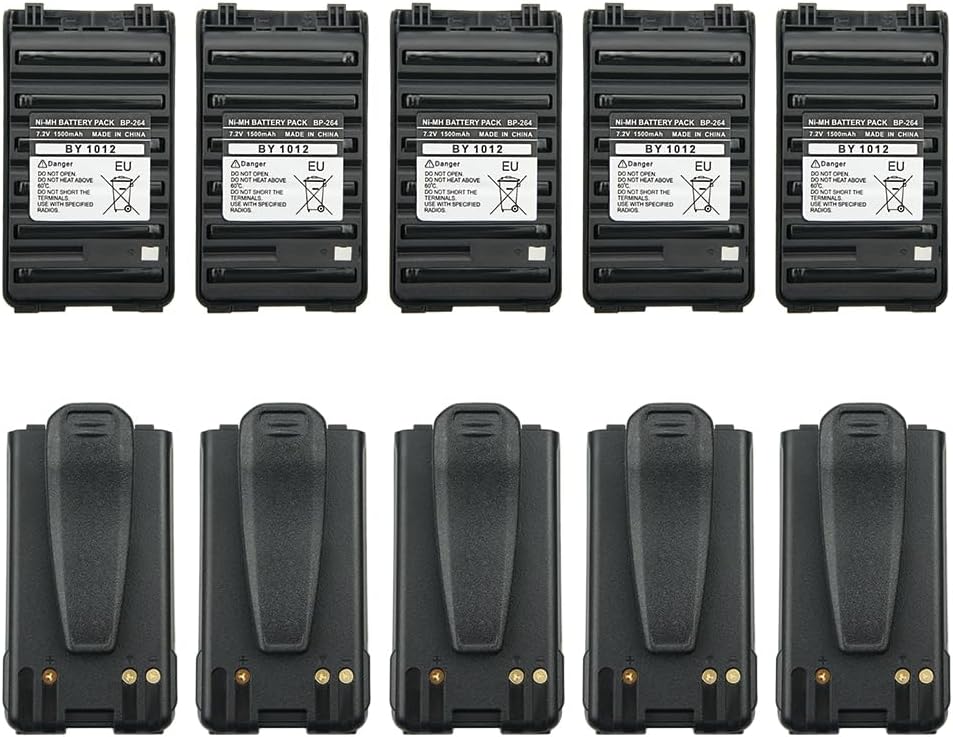 5Pack 7.2V 1500mAh BP-264 BP-265 Ni-MH Rechargeable Battery for ICOM T70 V80 F3001 F4001 F3101 F4101 F3210 F4210 Walkie Talkies Battery BP-264 BP-265 Replacement with Belt Clip