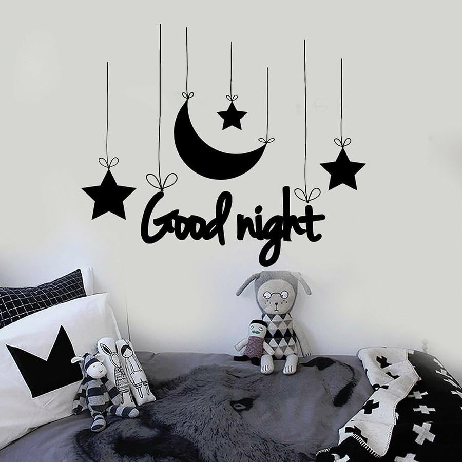 Calcomanía de vinilo para decoración de habitación de niños, calcomanía de pared de buenas noches para dormitorio, arte de luna y estrellas, calcomanías de dormitorio de niños, decoración de guardería
