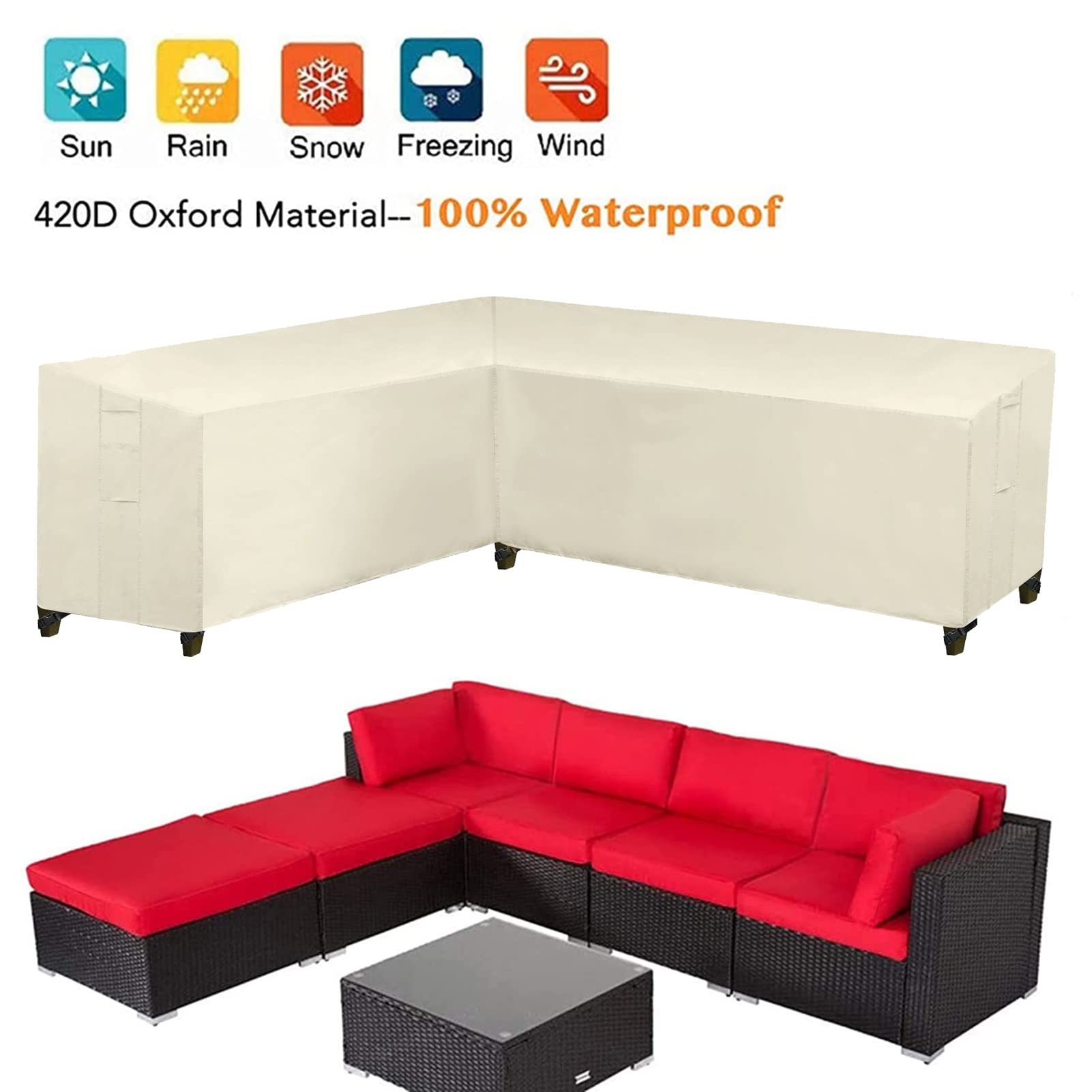 Funda para Muebles de Jardín, Cubierta Impermeable en Forma de L/V para Sofá de Esquina, Cubiertas Antipolvo para Uso en Exteriores (215x215x87x80cm,Beige)