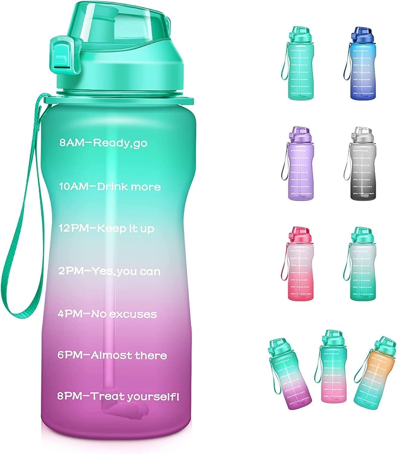 64oz Half Gallon Water Bottle With Sleeve, Water Bottles with Time Marker/Straw/Chug One Lids, Leakproof Tritan BPA Free Reusable Water Jug Easy Carry for Adult and Kids Gym Sports Outdoors