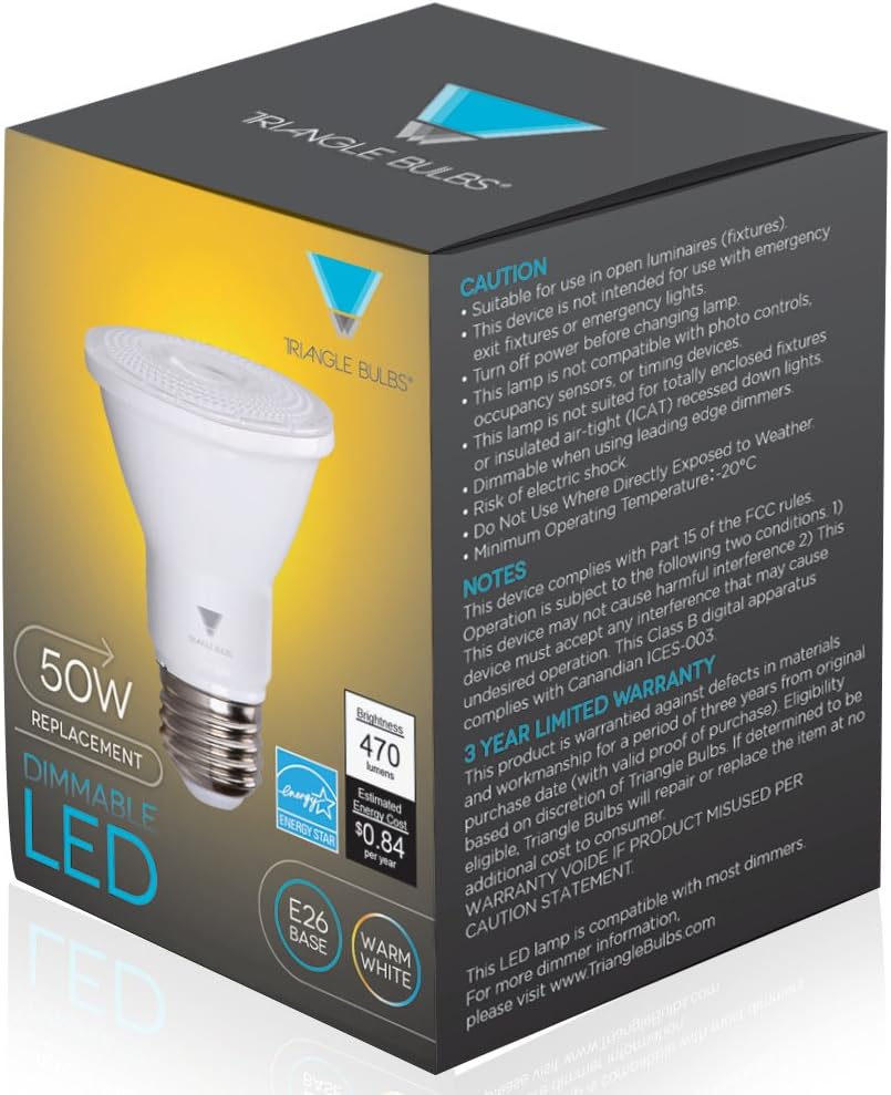 Triangle Bulbs (Pack of 4 7-Watt (50-Watt) PAR20 LED Flood Light Bulb, Dimmable, UL Listed, Energy Star Certified,