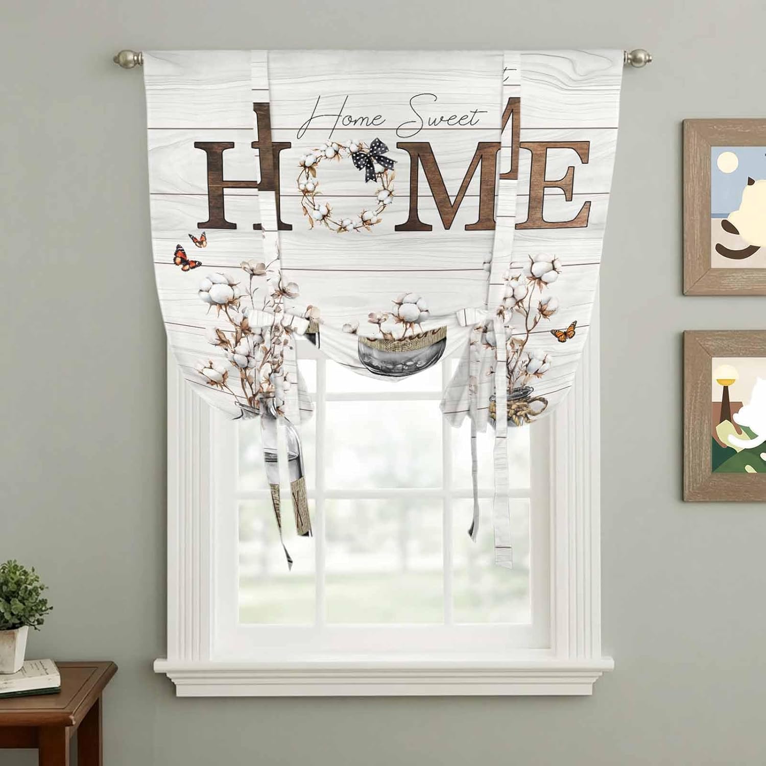 Cotton Floral Tie Up Curtains for Window, Farmhouse Botanical Wooden Grain Thermal Insulated Balloon Shade Adjustable Rod Pocket Curtains Valance Panels for Kitchen Bathroom Café 42'' x 45''