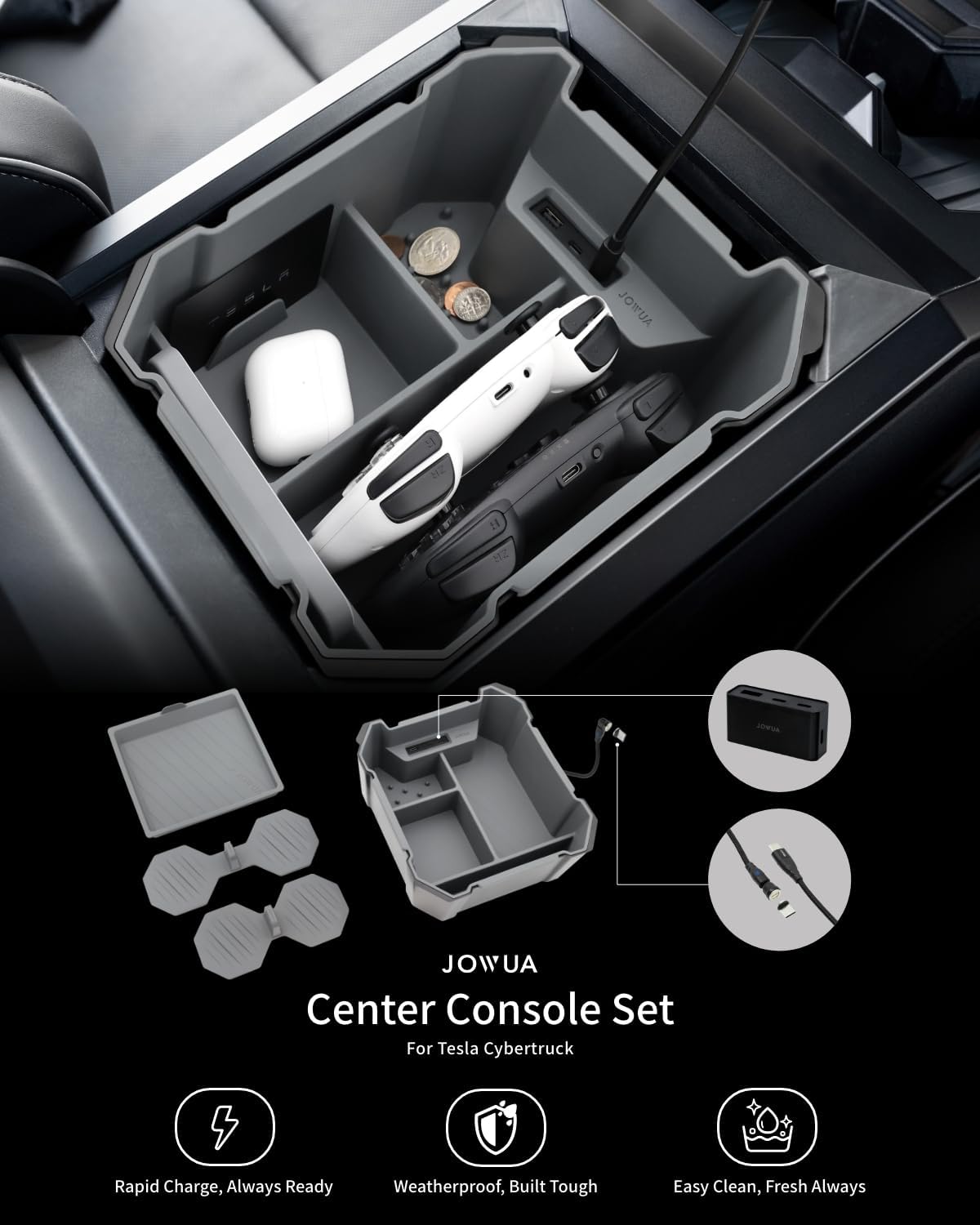 JOWUA Center Console Set for Tesla Cybertruck, Center Console Organizer, Cup Coater, Center Console Silicone Mat, Power HUB only for Power Conversion image 2