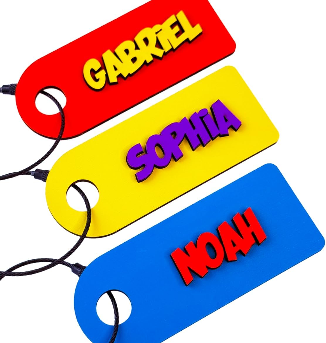 Personalized Wood Name Tag for Boys and Girls, Backpack, Lunchbox, Heavy Duty with Full Custom Name and Stainless Steel Wire Keychain. (2-Pack)