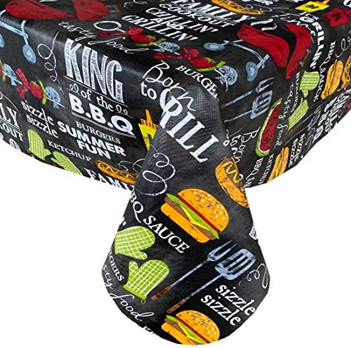 Newbridge Grill King Barbecue Print Vinyl Flannel Backed Tablecloth, Novelty Grilling Design Waterproof Patio, BBQ, Picnic, Indoor Outdoor Tablecloth, 60 Inch x 84 Inch Oval