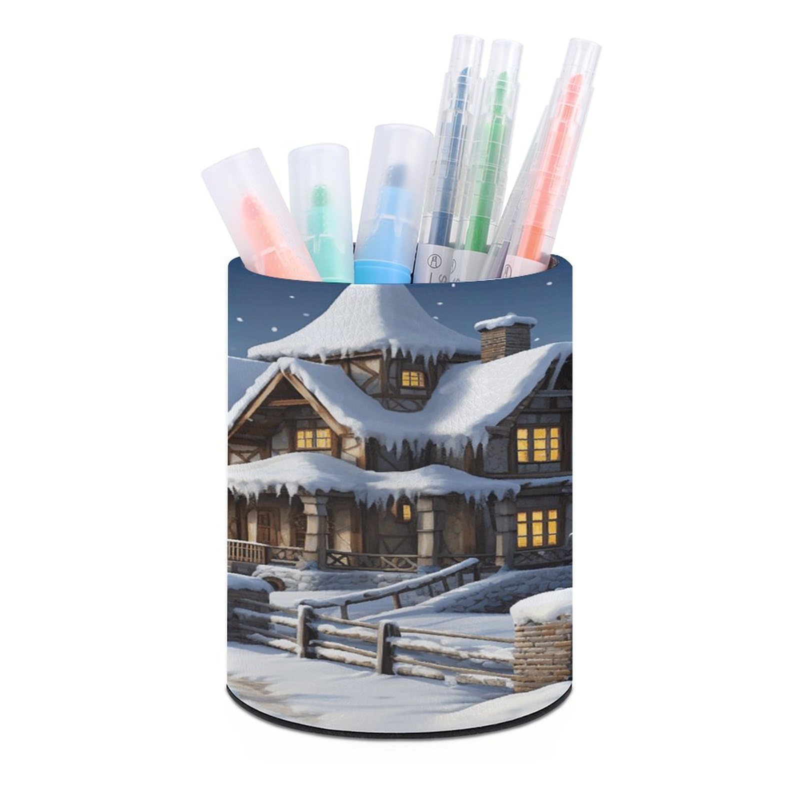 VstaDank Christmas Winter Happy Scene Pen Holder PU Leather Pencil Cup Minimalist Desk Pencil Holder Round Make Up Brush Organizers For Office Dorm Room&Vanity Desk Accessories