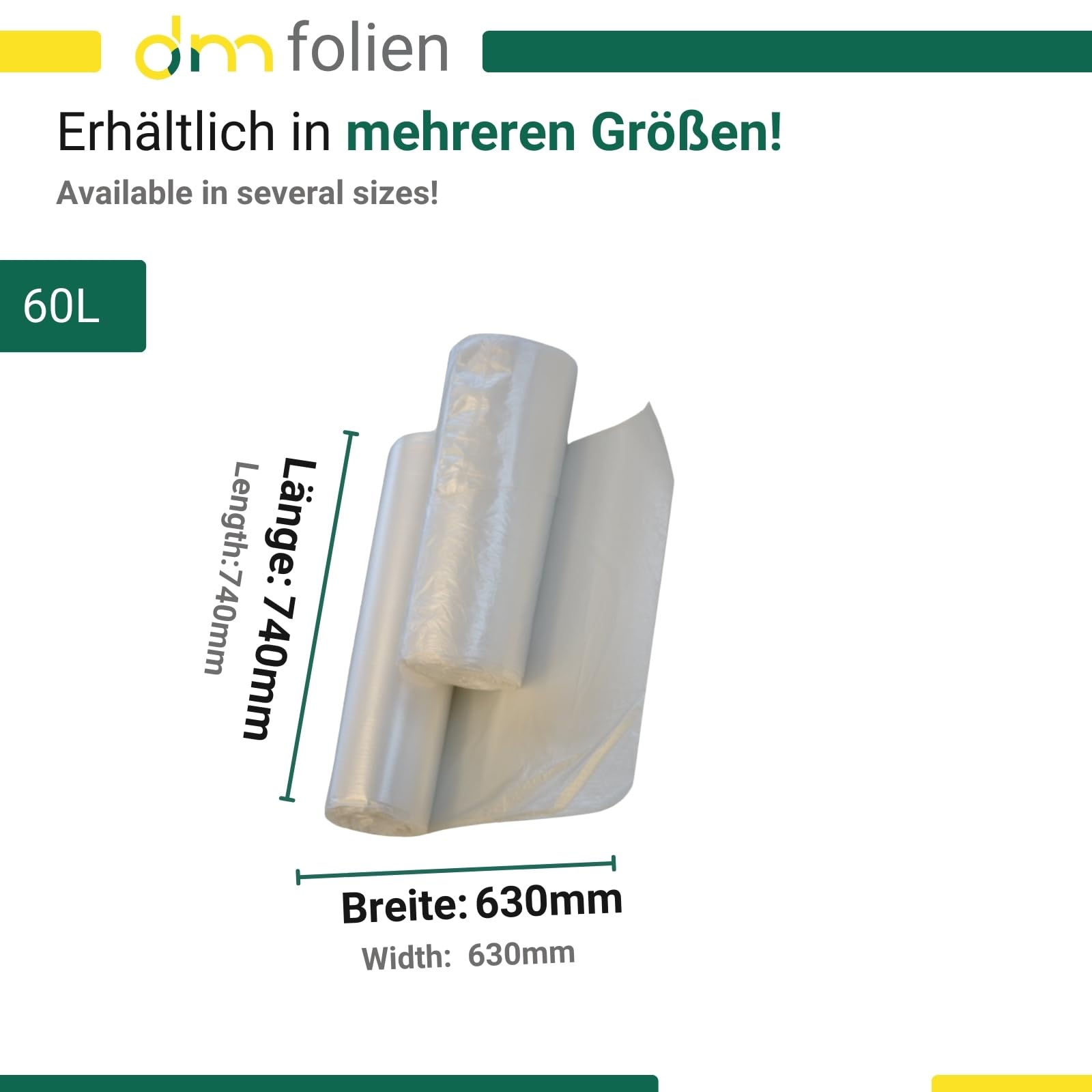 dm-folien Transparente Müllbeutel 60 Liter I 2000 Stück I 630 x 740 mm I Hochwertige Müllsäcke ohne Zugband I HDPE-Mülltüten 5,5 my I Premium Abfallsäcke für Restmüll I stabil & reißfest