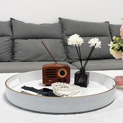 Miniatura 5 de Bandeja decorativa redonda de 13 pulgadas, bandeja blanca para servir con asas, bandeja de mesa auxiliar de plástico para otomana, sala de estar,