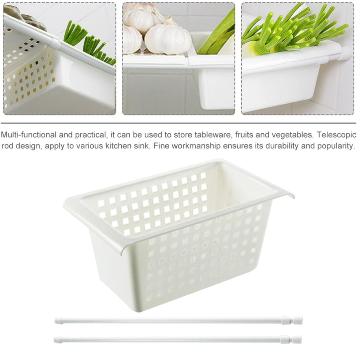 Lightweight Multi-functional Sink Colander Drain Basket with Telescopic Rods for Kitchen Sink White Pp Material over Strainer Rack for Vegetables and Cups
