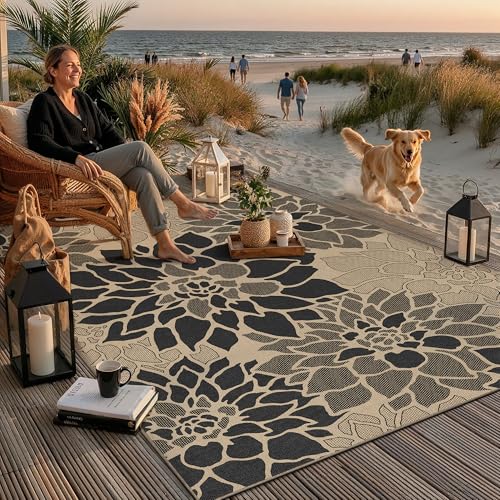 6x9 Easy Jute Outdoor Rug Black Floral Textured Indoor Outdoor Area Rug Farmhouse Patio Carpet for Backyard, Patio, Porch, Easy-Cleaning, High Traffic