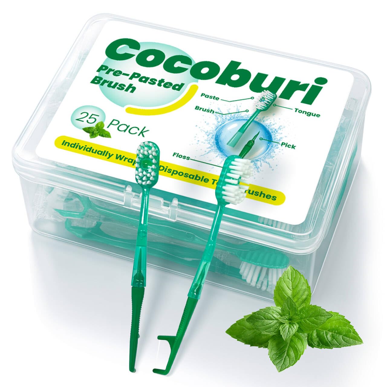 Einweg-Mini-Zahnbürste mit Zahnpasta + Bürste + Zahnseide + Plektrum + Zungenschaber, vorgeklebte Reisezahnbürste, einzeln verpackt, Mundpflege, Minze, klein, tragbare Zahnbürste, 25 Stück