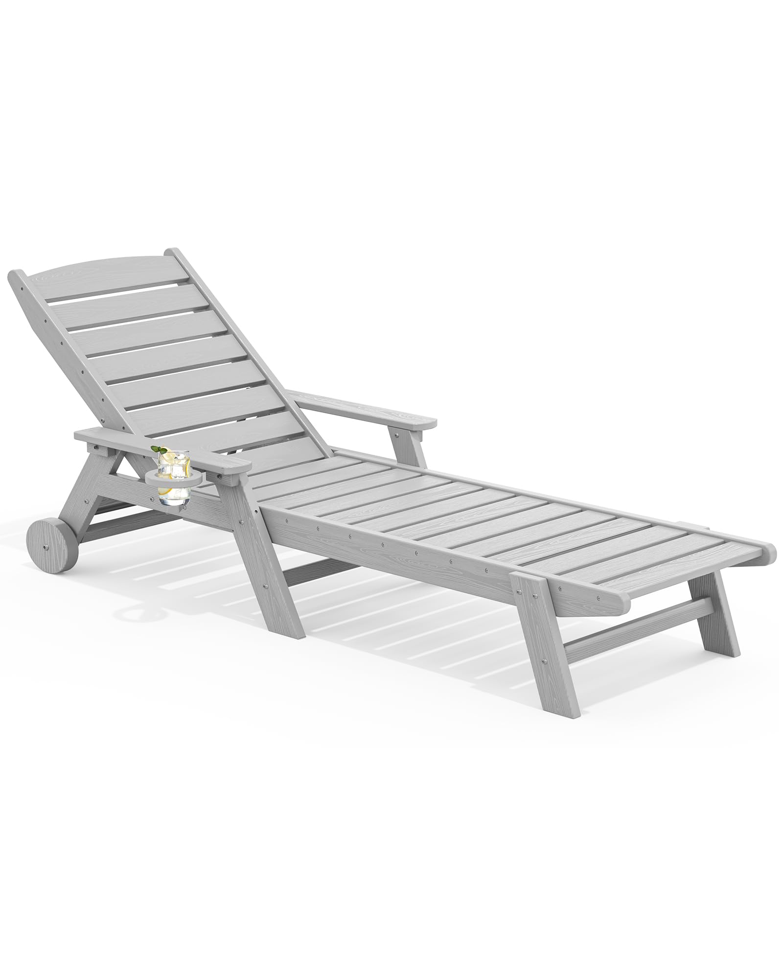 SERWALL HDPE Outdoor Chaise Lounge with Cup Holder, New Light Gray