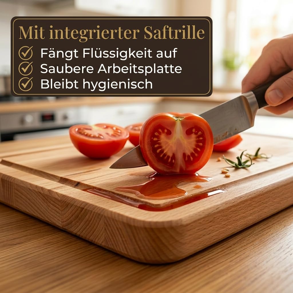 Planche à découper de qualité supérieure, en bois massif de hêtre huilé, avec rainure de jus, pour couper et servir, qualité artisanale autrichienne, pour la cuisine et le service, utilisable
