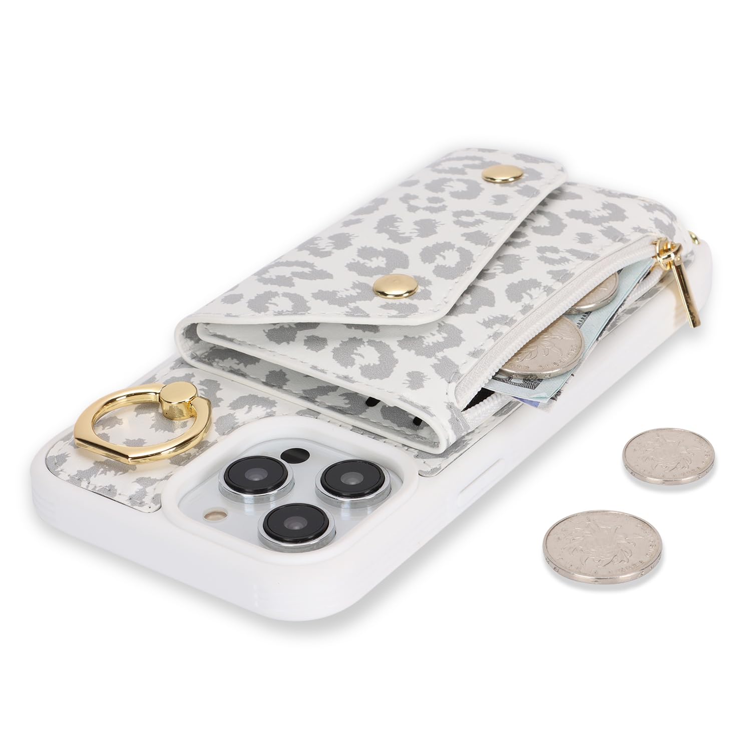 Lipvina Funda para iPhone 13 Pro con Cordón Porta Tarjeta Funda iPhone 13 Pro con Cremallera Cartera Mujer TeléfonoPortátil Ajustable Collar Funda Funda con Anillo para Mujer - Leopardo blancoo