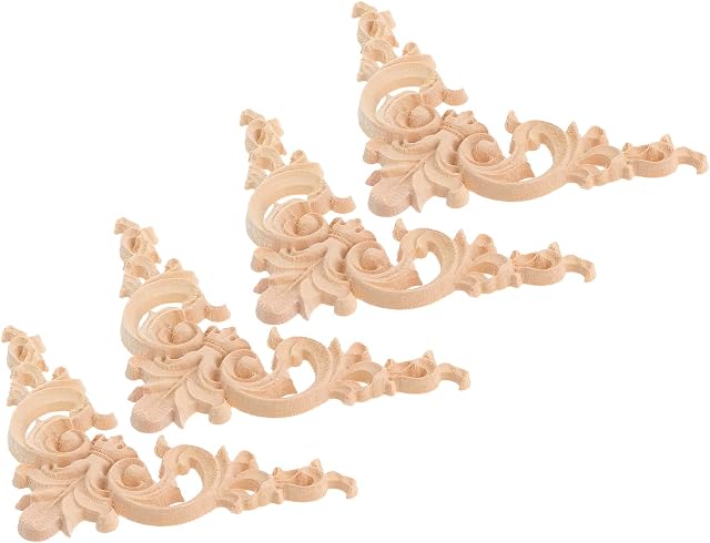 Wood Carved Onlay Applique 4Pcs Unpainted Furniture Door Wood Carving Decoration Onlays and Appliques for Cabinets Windows Cupboards Mirrors Furniture