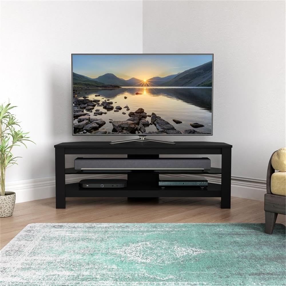 Pemberly Row Wood and Glass TV Stand, Black Oak Finish, Fits TVs 27-55 in, 45.28 in Wide, 15.55 in Deep, Angled for Corner or Flat Wall Placement, Cable Management, Stylish Home Entertainment Unit