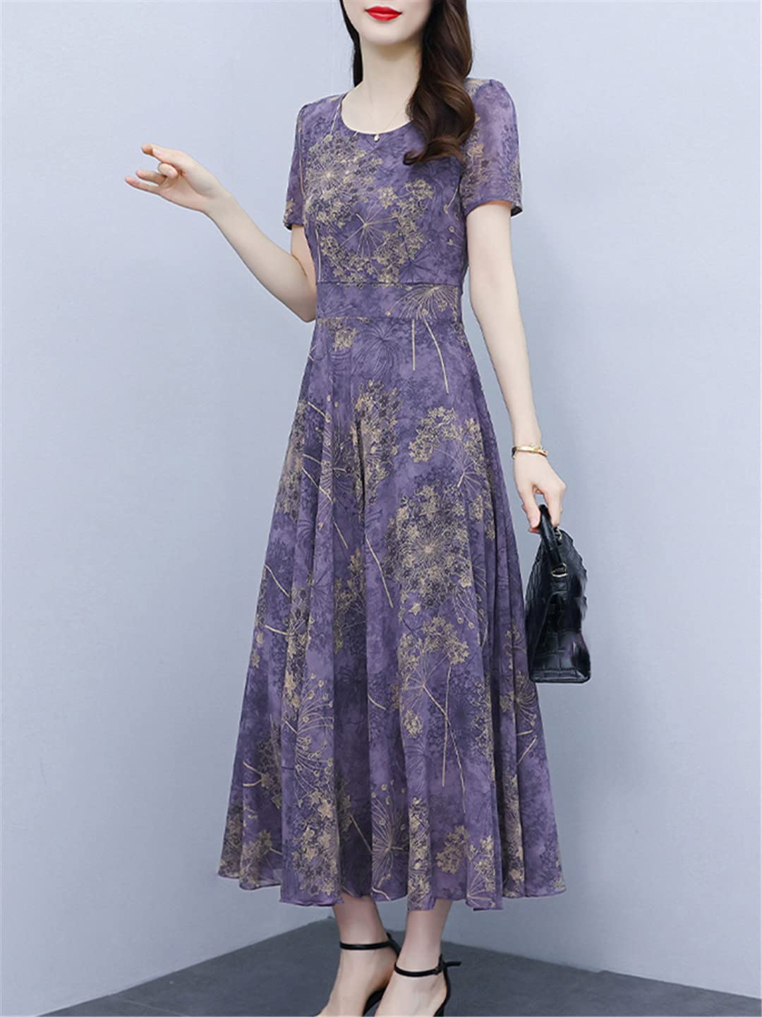Abito lungo estivo da donna, vintage, in chiffon, floreale, elegante, formale, casual, aderente