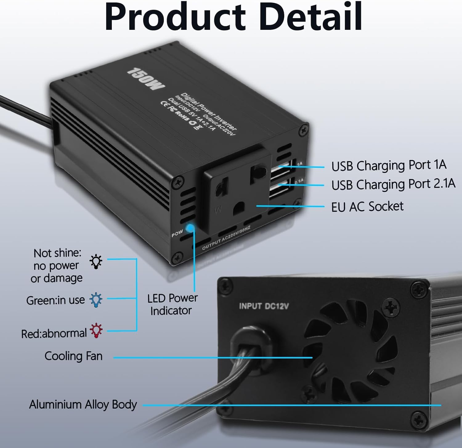 Onduleur de Voiture 150 W DC 12 V vers AC 230 V avec 2 Ports USB et Allume-Cigare, idéal pour Le Camping, Les Voyages et l'alimentation de Secours (Noir)