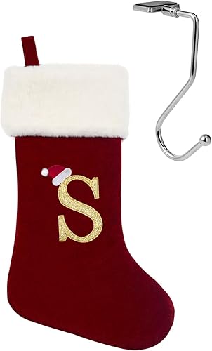 Miniatura 1 de Soporte para medias de Navidad con monograma de 20 pulgadas, color rojo vino, con letras, medias de Navidad súper suaves, medias grandes con