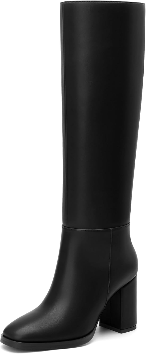 WAYDERNS Knee High Boots Women Chunky Block High Heel Closed Toe Gogo Boots for Women Dressy Wedding Party Dating 3 Inch Wide Calf Long Boots