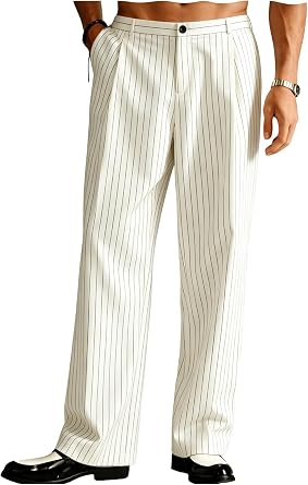 VENNYNG Mens Vintage Pinstripe Wide Leg TrousersLoose Fit Pleated Dress Pants with Elastic Retro Style