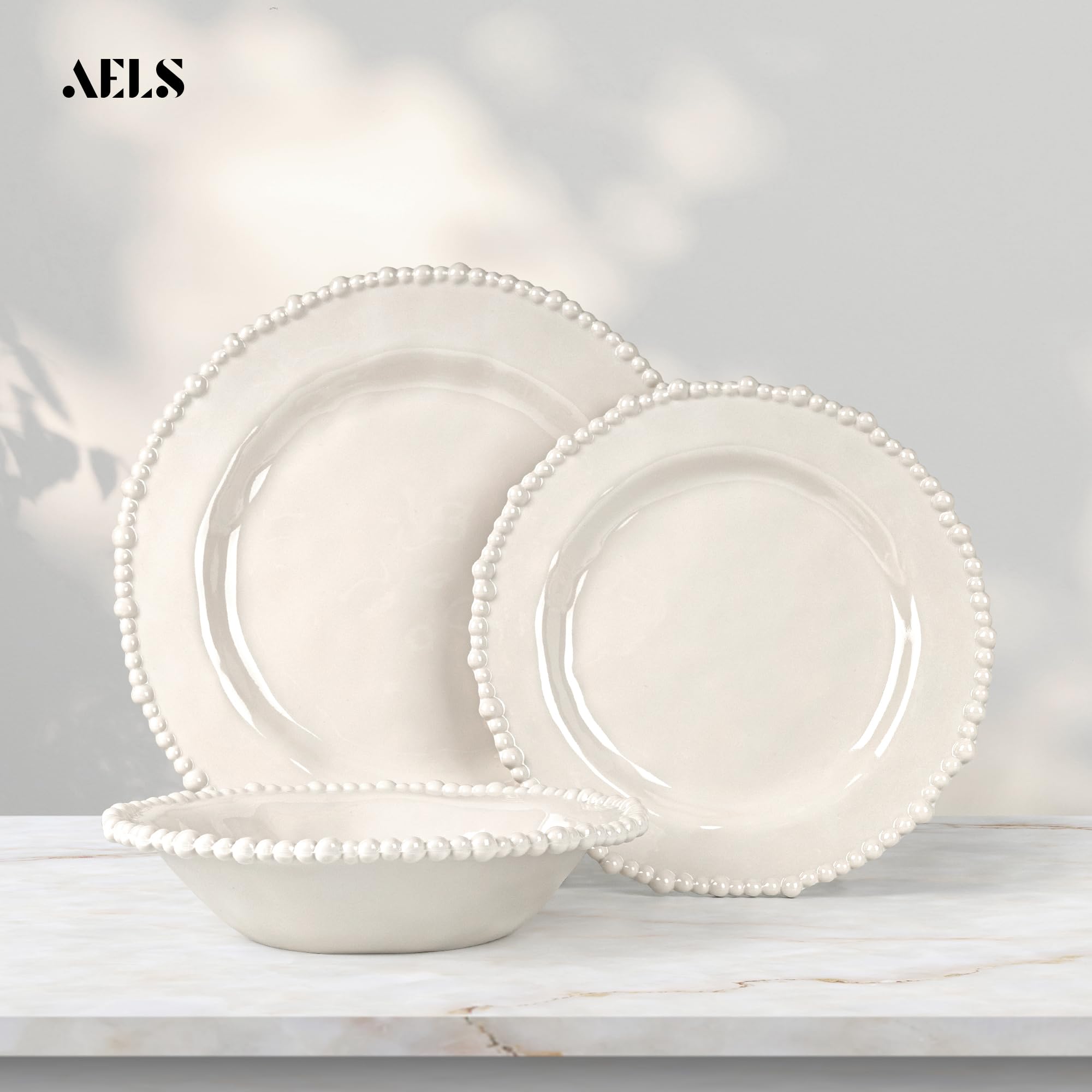 AELS Set di 18 piatti in melamina con perline, per interni ed esterni, lavabili in lavastoviglie, leggeri, infrangibili, senza BPA, color crema lucido