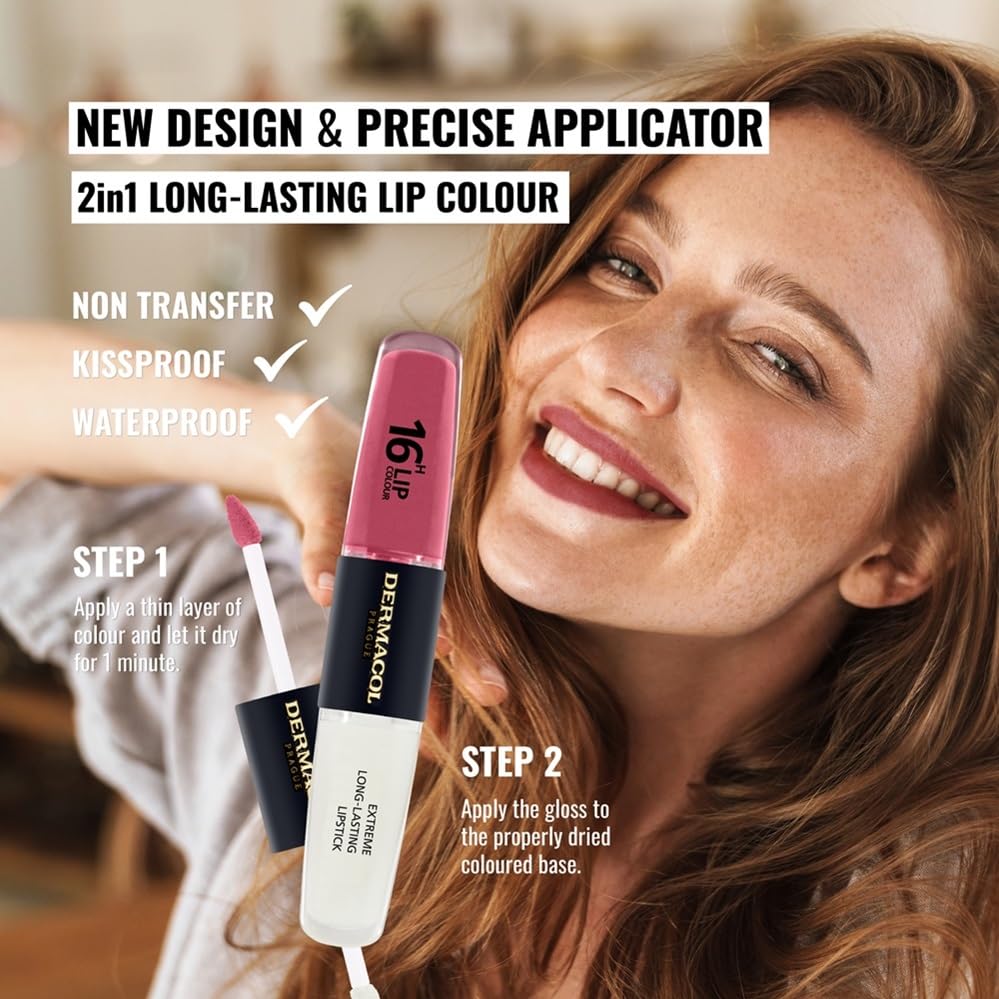 NEW Dermacol, 16-Hour Lip Colour, Highly Pigmented Glossy Lip Stain, Two-Phase Lip Plumper Gloss - Image 2