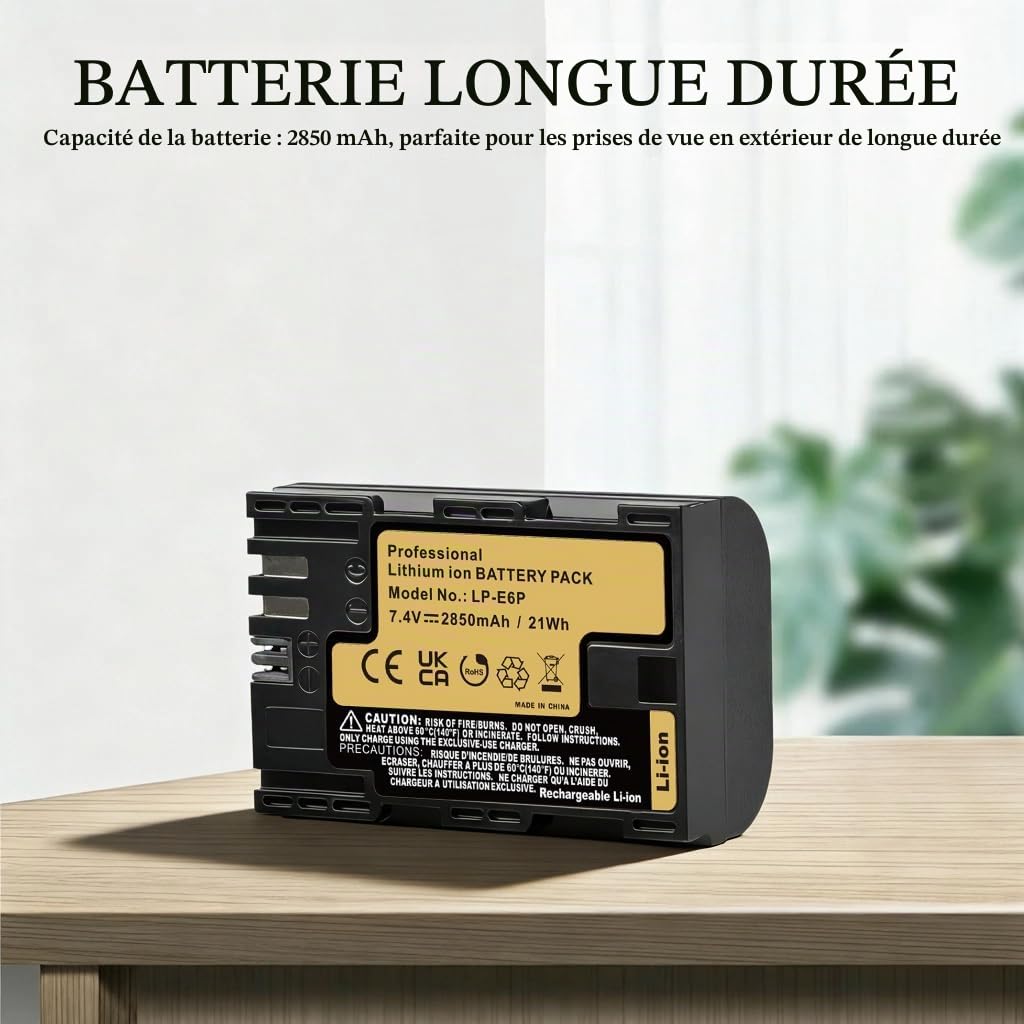 LP-E6P Batterie et Chargeur Compatible avec Canon EOS R5 Mark II, R6 Mark III, C50, R5C R5 R6 R7 5DS/5DS R, 5D Mark II/III/IV, 6D/6D Mark II, 7D/7D Mark II, 60D 70D 80D 90D XC10 LP-E6 LP-E6N LP-E6NH