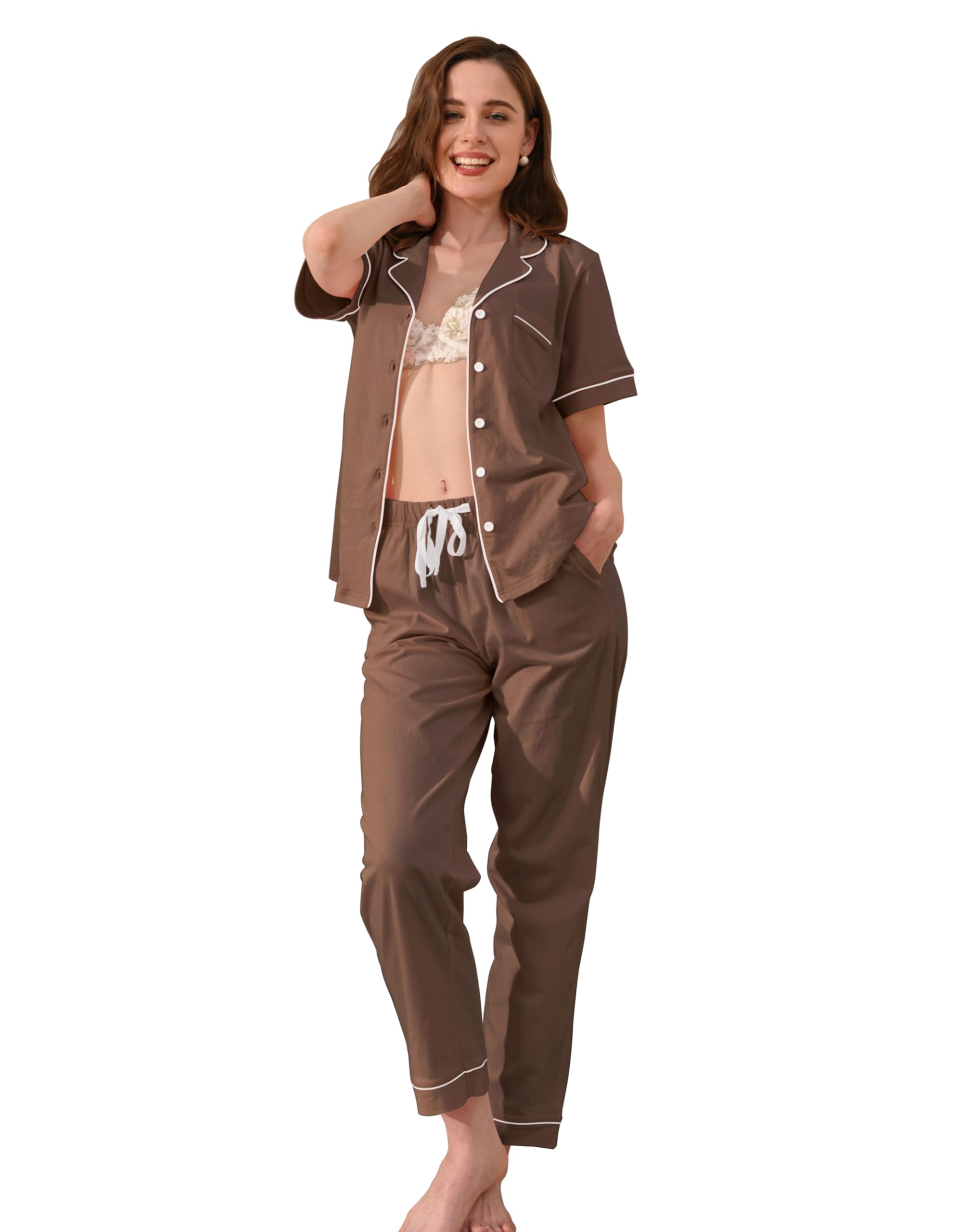 NAP BOUND 100% Cotton Women's Pajama Sets Short Sleeve Button Down Soft Pjs 2 Piece Lounge Set with Pocket Nightwear XS-XXL