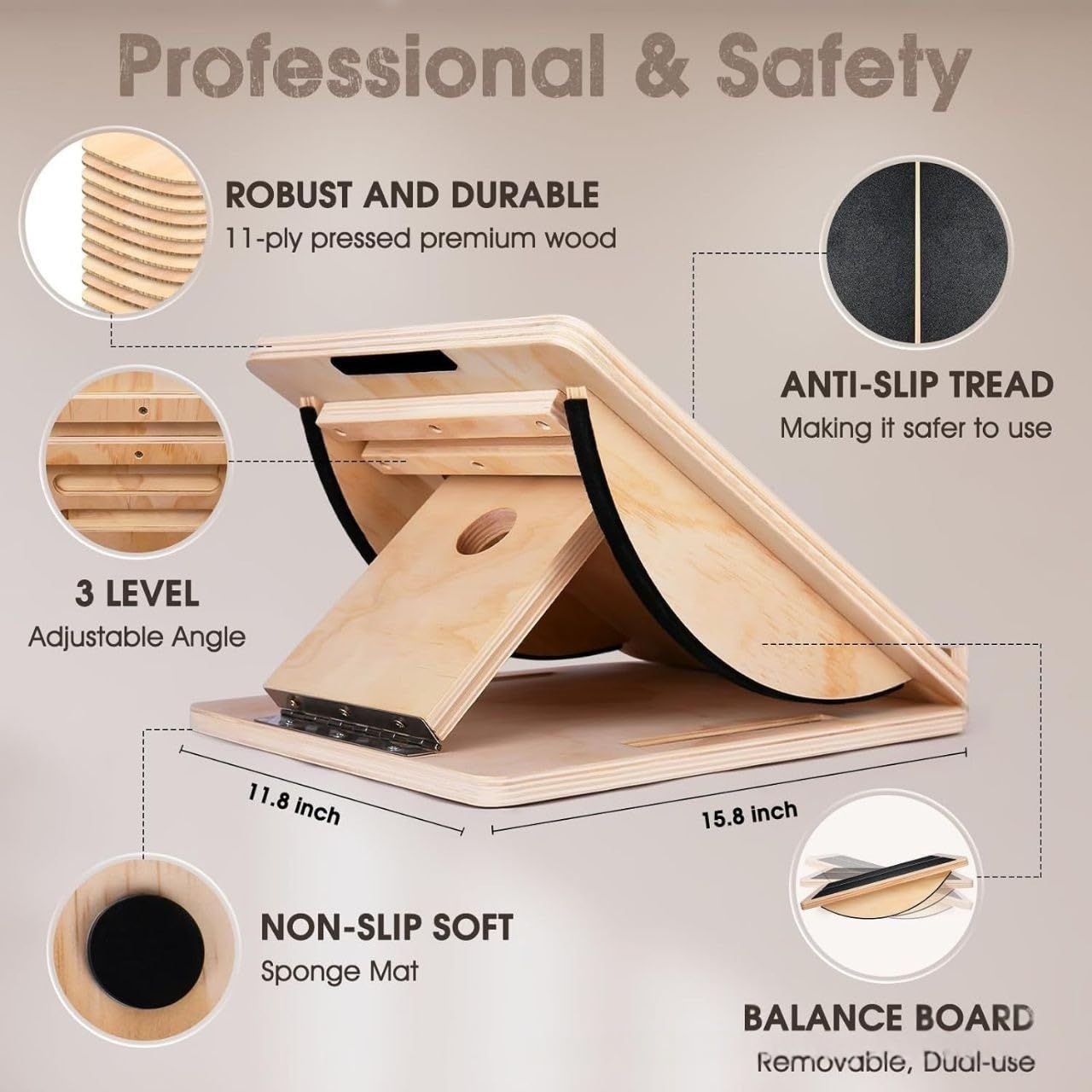Einbeinausgleichtisch, Wadendehner aus Holz, 3-in-1 Slant Board mit Einstellbarem Schrägbrett und Wadenstrecke, Professionelles Wadendehner für Kniebeugen Muskeldehnung Gleichgewicht