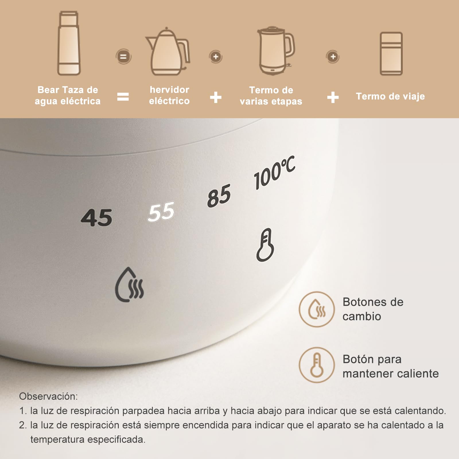 Bear 300ml 4-Temperaturas Hervidor de Agua Eléctrico, tres en uno, Hervidor de Viaje Doble Capa 304 Tanque Interior de Acero Inoxidable Portátil Pequeño Vaso Térmico Rápido