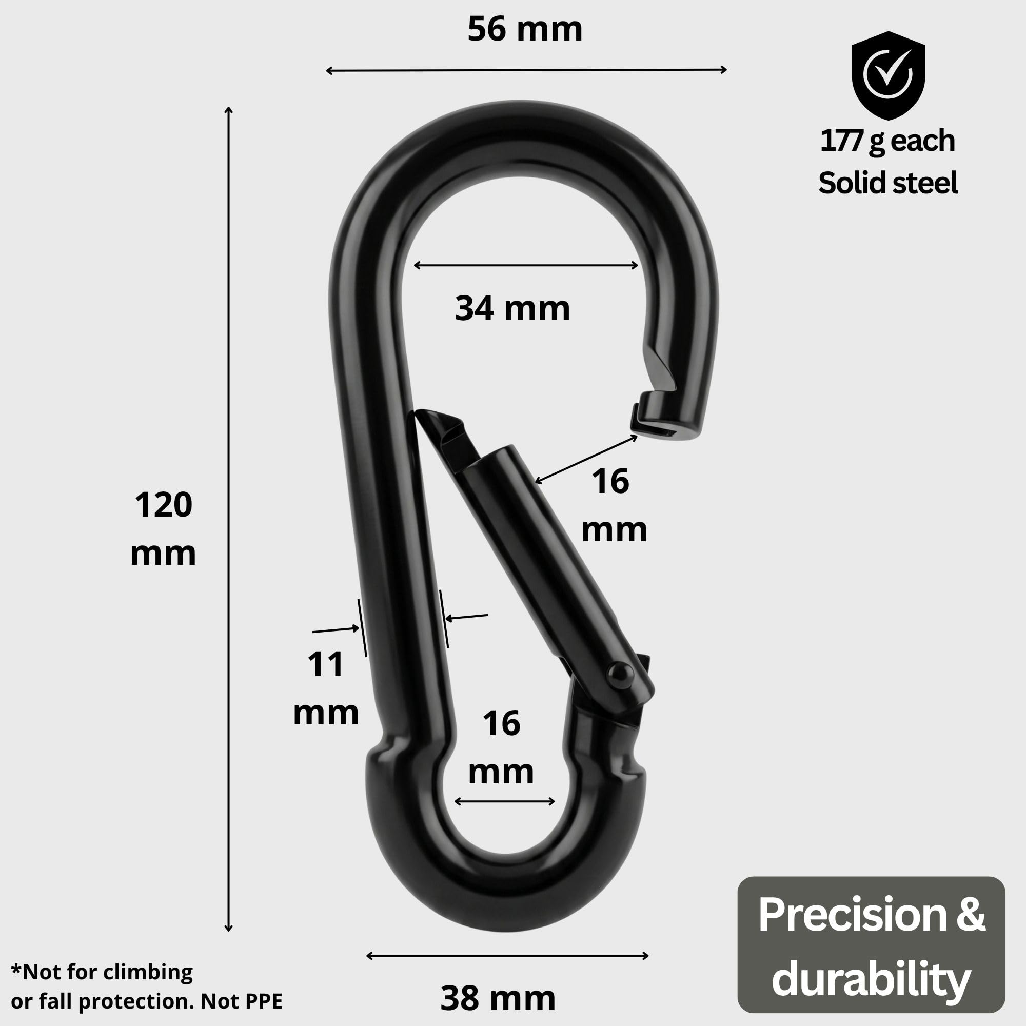 Moschettone Grande Inox 120 mm 2 Pezzi - 480 kg Acciaio Nero | Chiusura a molla automatica - amaca, altalena, vela ombreggiante, campeggio, cinghia, cane, rimorchio, officina