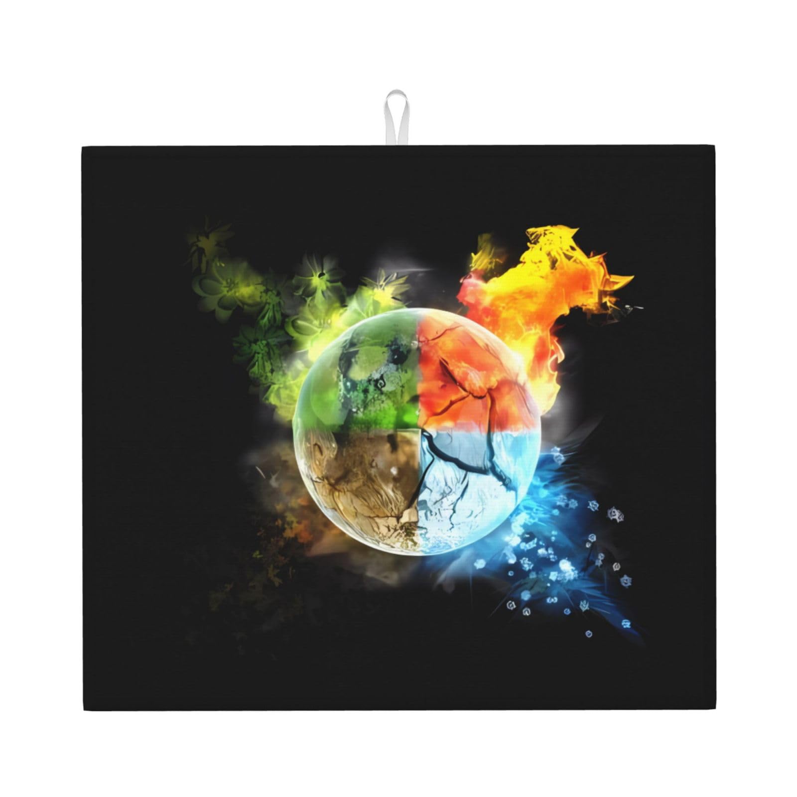 YYHWHJDE Four Elements Prints Kitchen Drying Mat - Absorbent Dish Drying Throw with Vibrant Prints, Quick-Dry Countertop Layer for Dishes & Appliances - Non-Slip & Foldable