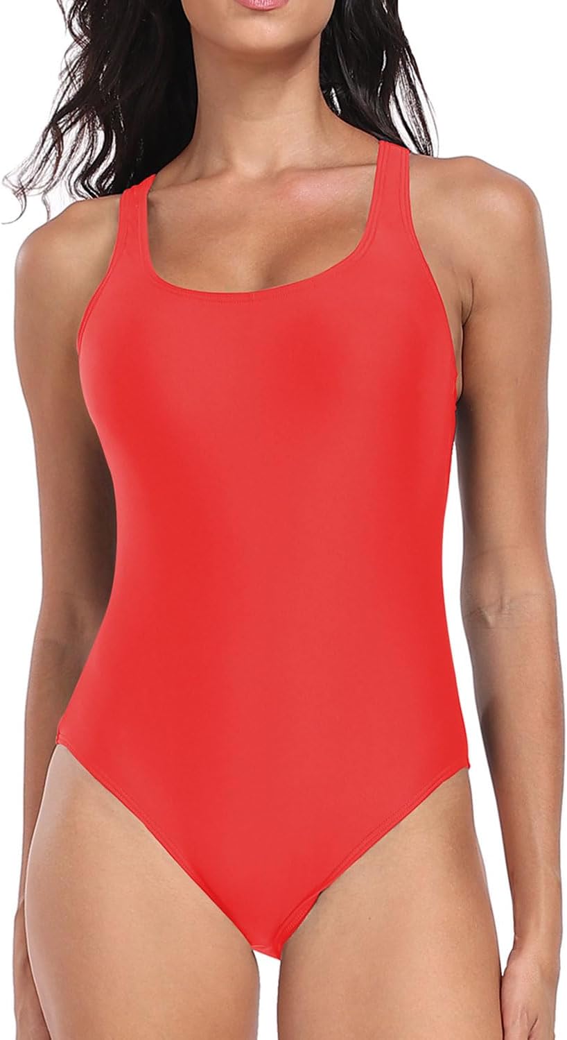 Womens One Piece Swimsuit Solid Athletic Racerback Swimwear Padded Bathing Suits