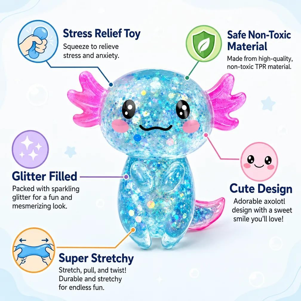 4Pack Axolotl Slow Rising Stress Ball, Cute Axolotl Stretchy Fidget Squishy Toys for Kids Adults, Stress Relief Axolotl Squishies Ideal for Autistic Kids,Birthday Party Favors Gifts
