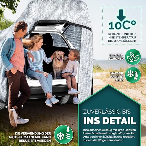 FOLIASOL® Schattennetz Auto 4x6 m | Alunetz Hund mit Ösen 80% UV | Alu Sonnenschutz für Camping & Urlaub | Sonnenschutznetz mit Befestigung | Hitzeschutz Aluminium luftdurchlässig