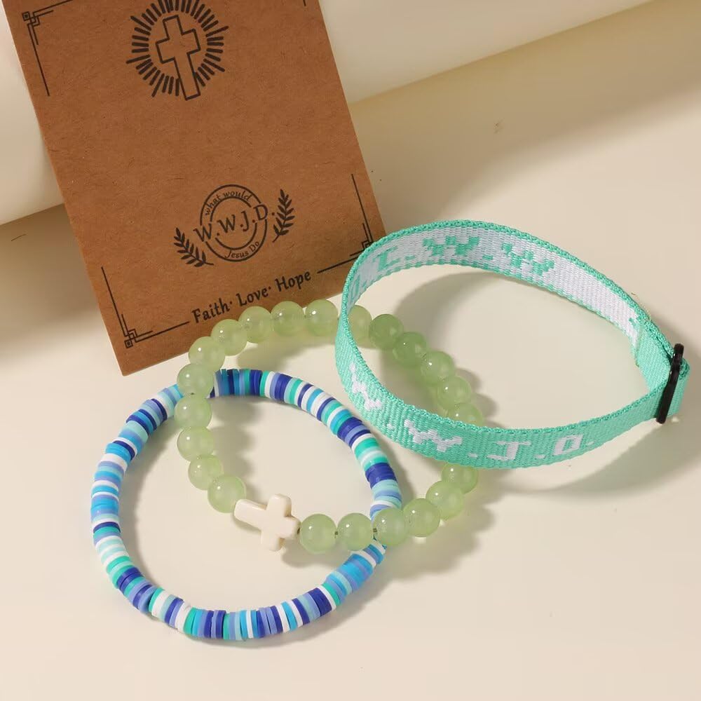 WWJD Bracelets Set WWJD Wristbands Christian Cross Bracelet Stackable Clay Bead Bracelets Stretch Glass Beaded Inspirational Christian Jewelry Gift for Couples Women Men - Image 4