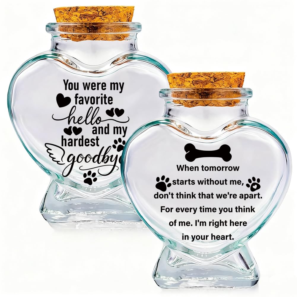 PRESSINART 2Pcs 2 Styles Pet Fur Keepsake Bottle 2.95 x 2.48 Inch, Dog Memorial Jar with Cork Stopper Paw Print Wing Pattern Glass Heart Shaped Container Memorial Urns for Storing Dog Cat Ashes Hair