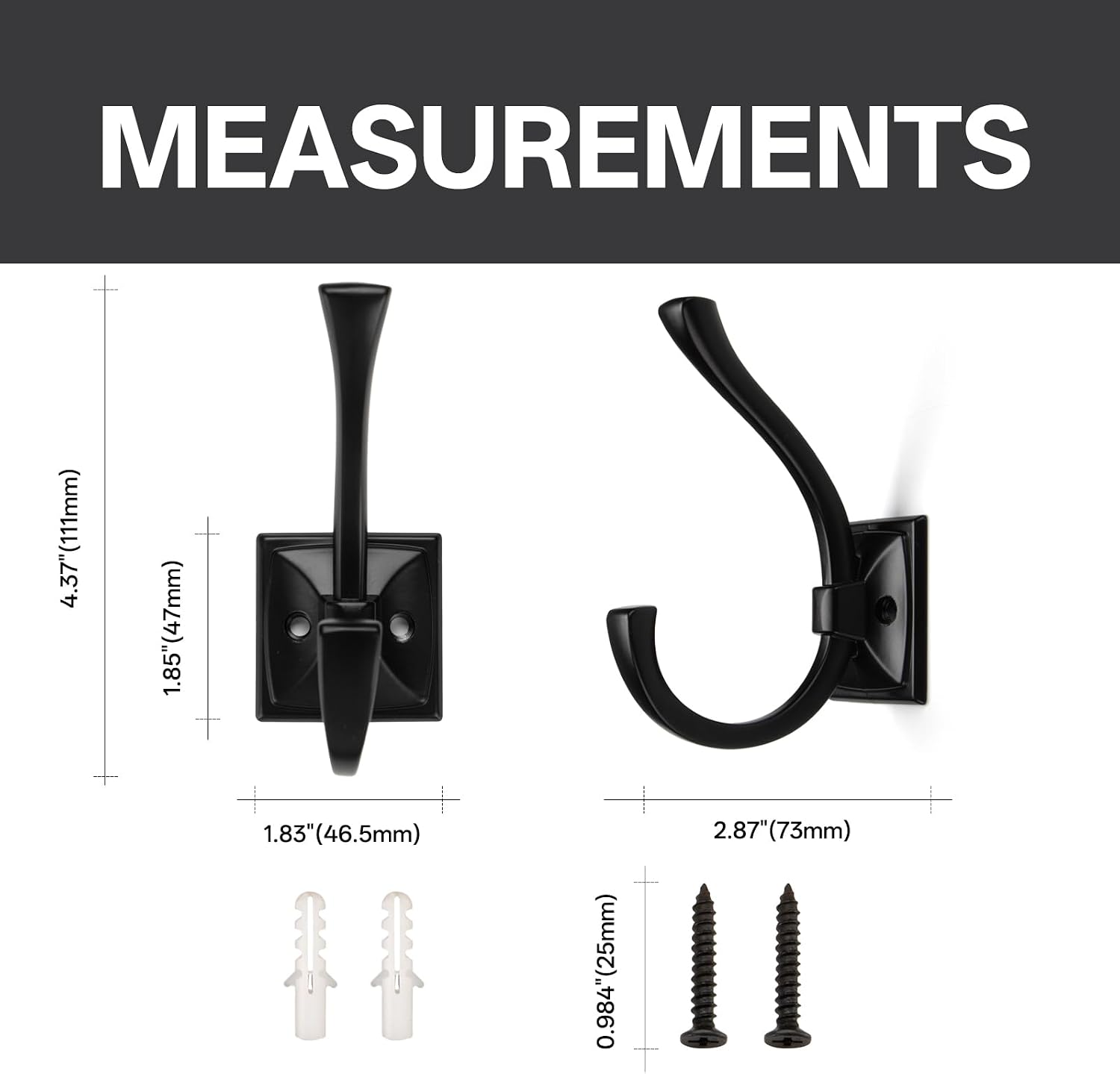 Liron Hardware 5 Pack Square Coat Hooks Wall Mounted Towel Hooks Shower Hooks for Bathroom Wall Hanging Heavy Duty Double Hook Black