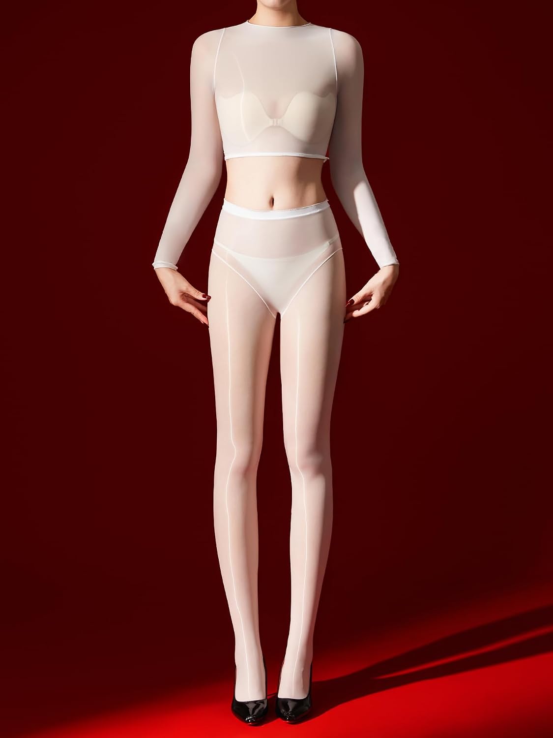 Women's Shiny Separate Bodysuit with Long Sleeves Ultra-Thin Sheer Two Piece Set Silky Sexy Shaping Bodysuit Leggings