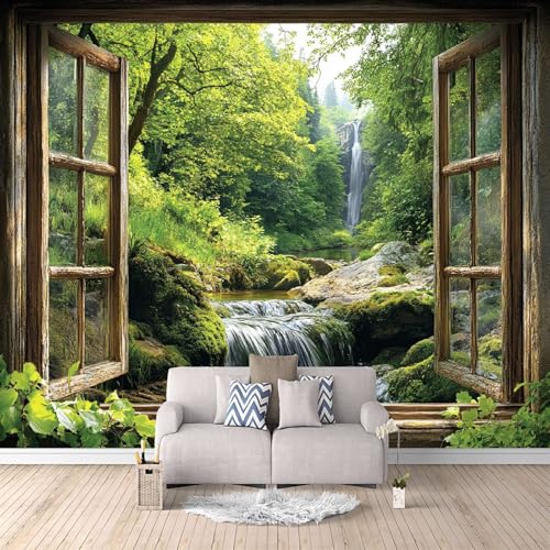 Papel Pintado 3D Lago Con Cascada En El Bosque 300x210 cm Fotomurales Tejido No Tejido, Fuera De La Ventana Papel Tapiz Grande Murales Fotográfico Moderno Decoración de Paredes