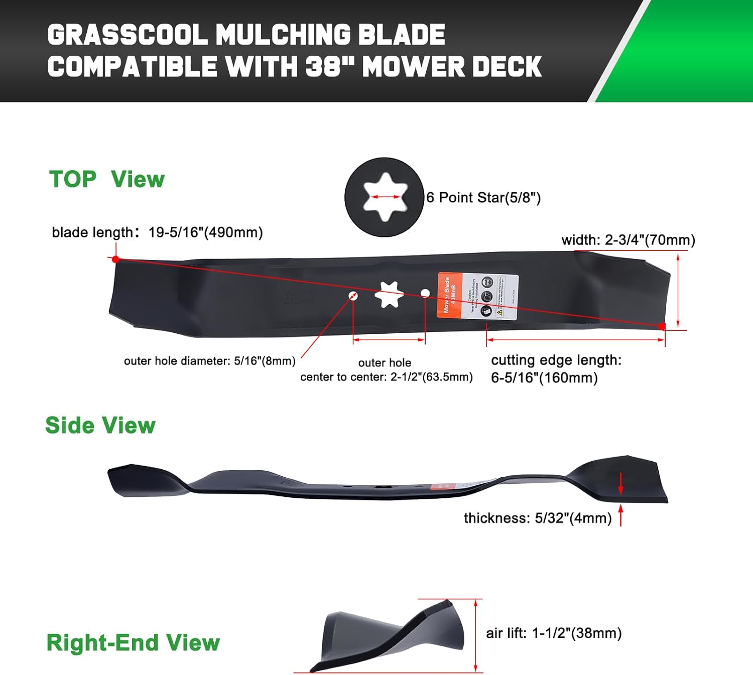 942-0610A Mulching Blades for Bolens Cub Cadet Troy Bilt Huskee LT3800 MTD Murray 38 inch Deck Lawn Mower Replace for 742-0610 742-0610A 942-0610 (2 Pack)