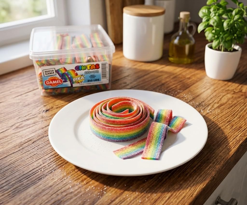 Regaliz Lenguas Damel – 210 Unidades | Dulces y Ácidas – Explosión de Sabor Arcoíris, Fresa, Cola, Frambuesa y Manzana | Ideal para Compartir, Decoración y Manualidades (Arcoiris)