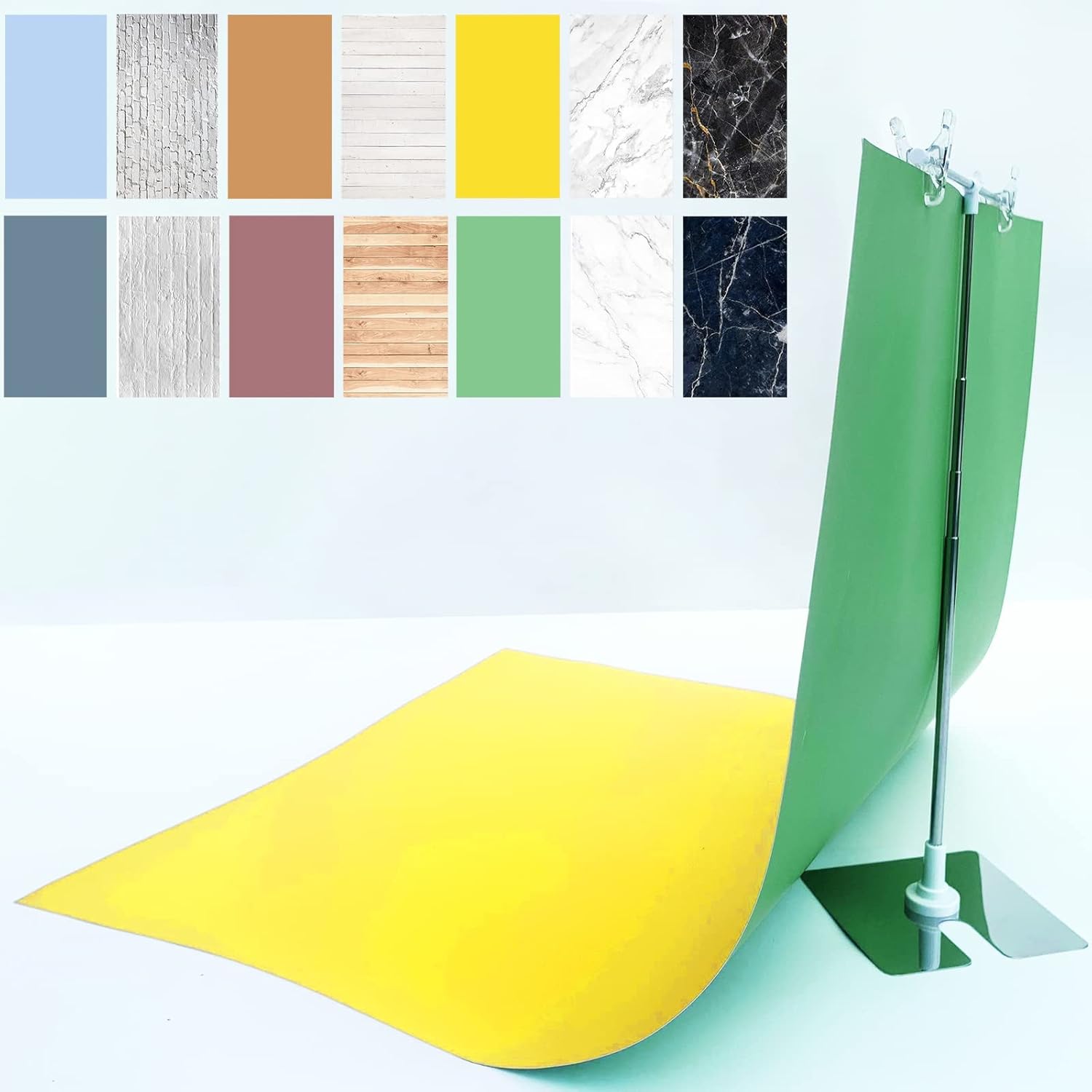 iProTech 7PCS 14Patterns Double-Sided Product Food Photography Background Paper with Stand, Waterproof Reusable 34x23in Photo Tabletop Backdrops for Jewelry Cosmetics Makeup Online Yellow Green White