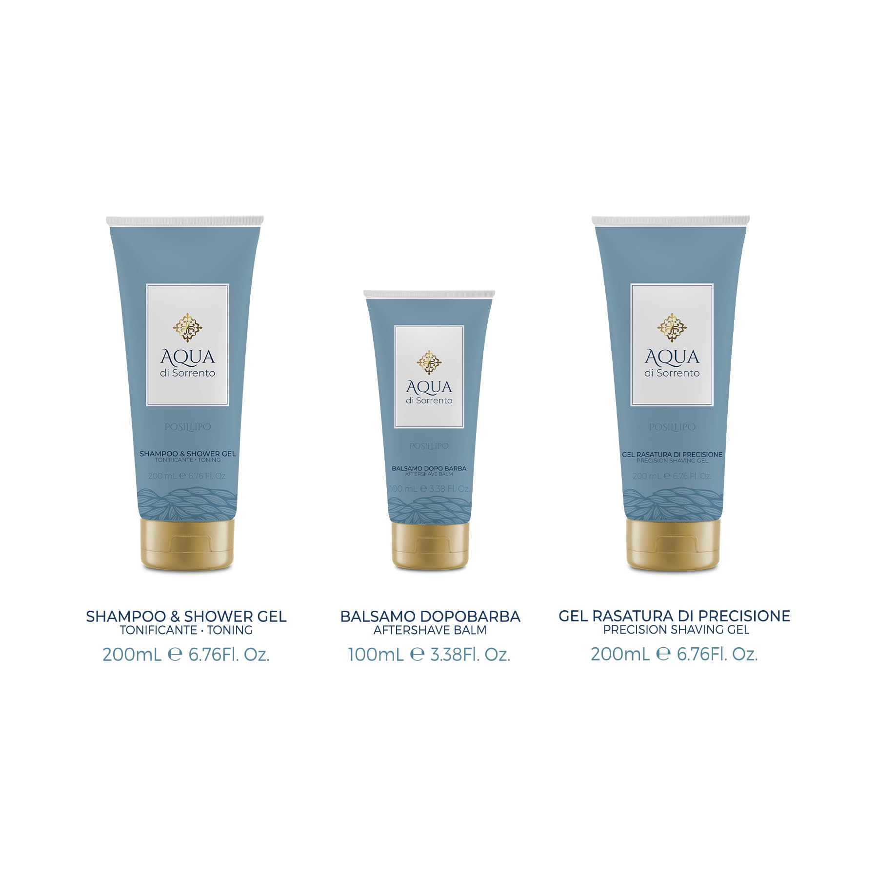 AQUA DI SORRENTO | Posillipo, Confezione Regalo Uomo, Gel Doccia e Shampoo & Shower Gel da 200ml + Balsamo Dopobarba 100ml, Fragranza Agrumata, Floreale e Legnosa