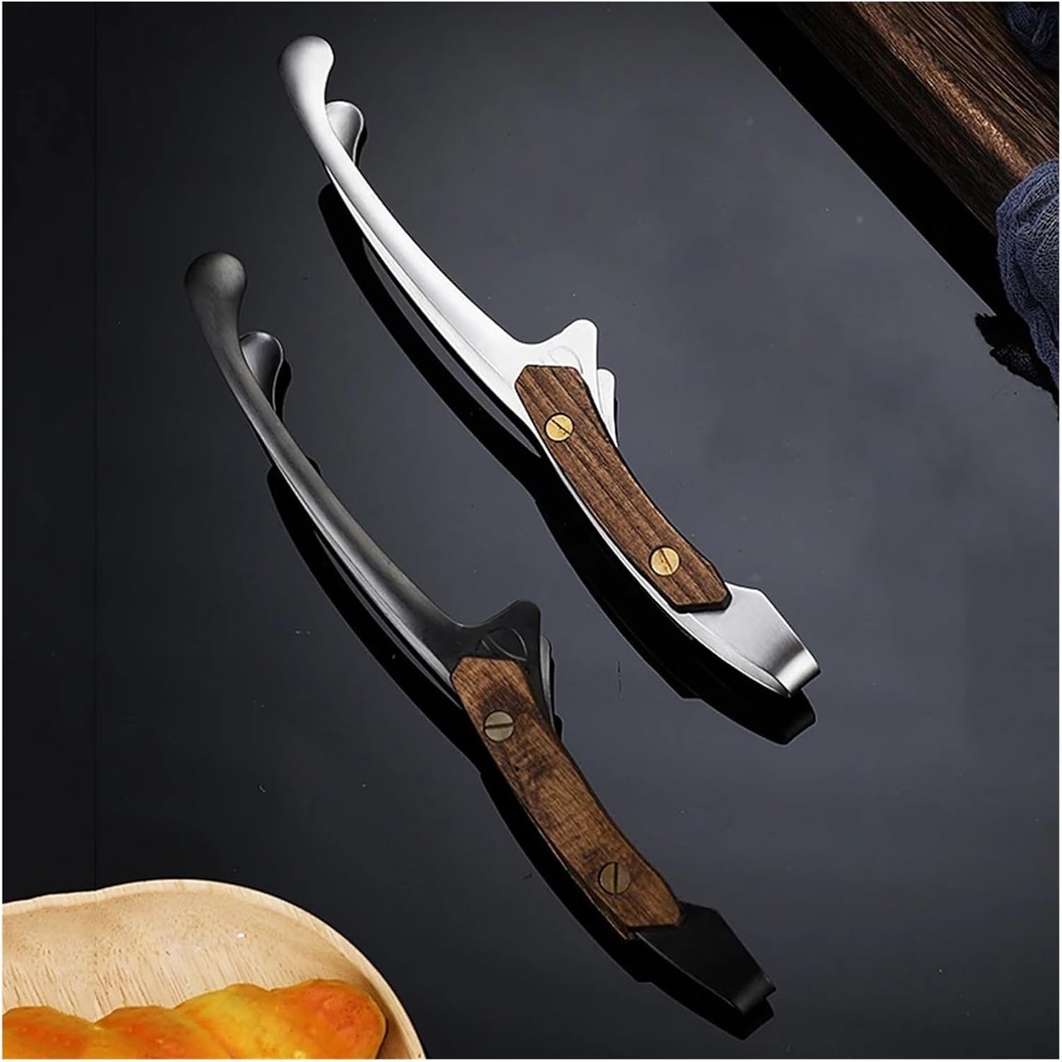 304 Stainless Steel Grill BBQ Tong Heat Resistant Cooking Tong with Wood Grip Steak Clip Picnic Hiking Cookware Camping Supplies(Black 2 PCS)