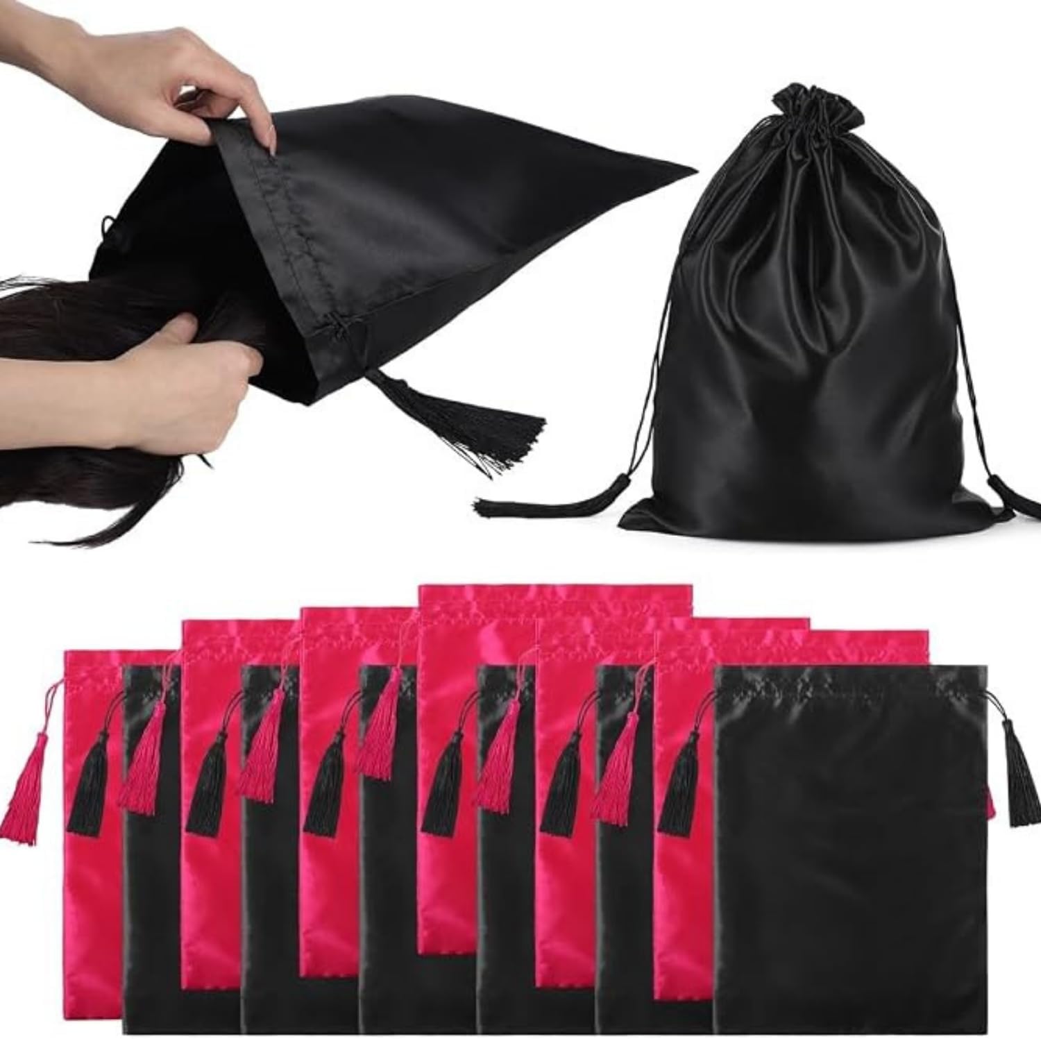 12 Pack Satin Wig Bags with Tassel Drawstring Closure (15.75" × 11.81"), Silk Storage Pouches for Wigs, Hair Extensions, Hair Tools, Cosmetics, & Travel Accessories (6 Hot Pink & 6 Black)