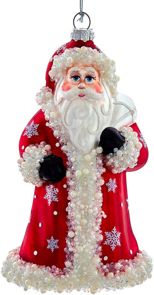 Kurt S. Adler Glass Christmas Tree Ornament Holiday Decorations Traditional (7” Glass Red Santa with Beaded Trim Snowflakes Christmas Ornament D4345)