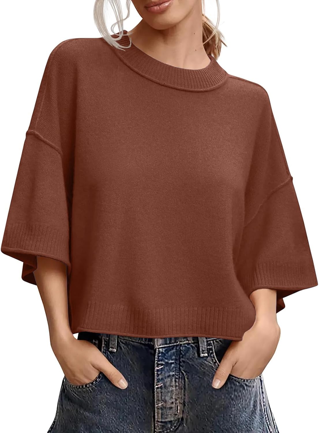 Women's Short Sleeve Cropped Sweaters 2025 Summer Oversized Loose Fit Drop Shoulder Casual Sweater Tops